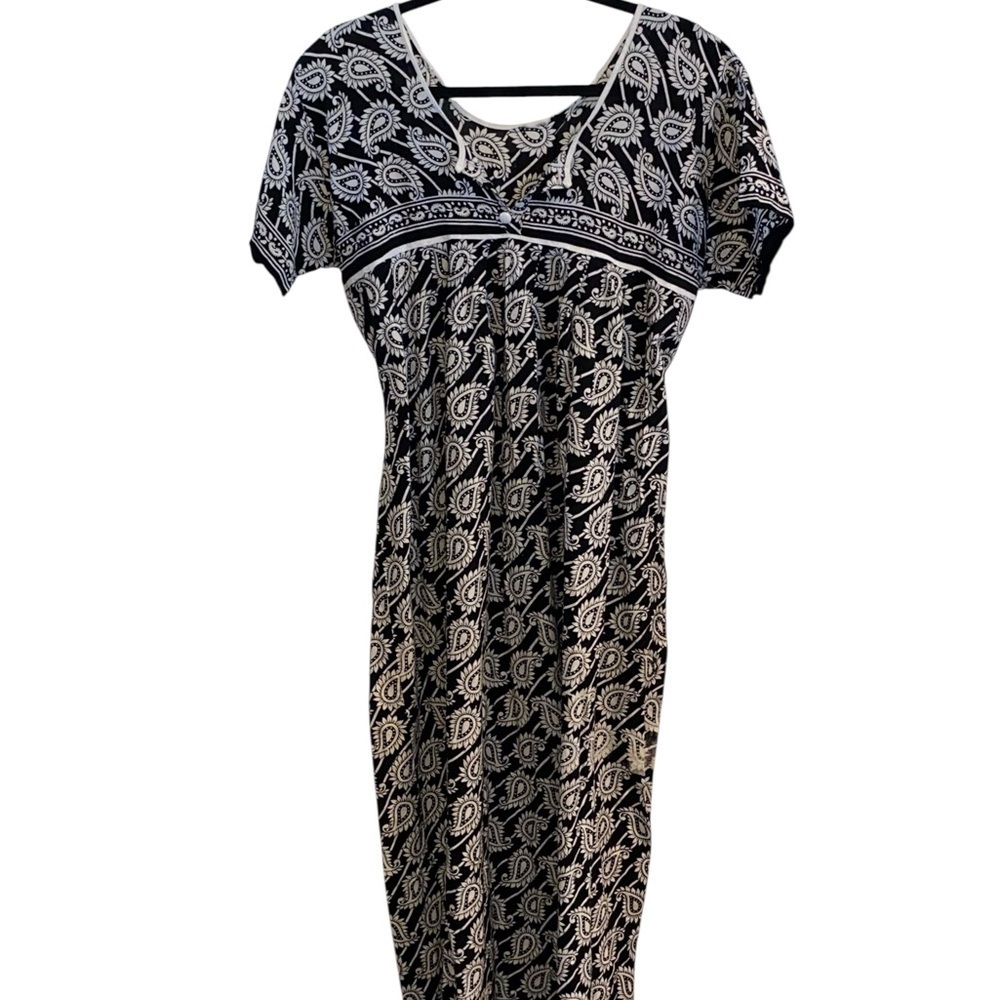 Vtg Handmade Black Tie Back Paisley Maxi Dress Resortwear Boho Coastal Grandma - Picture 3 of 8